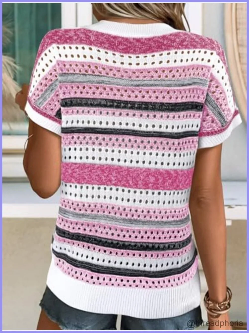 Crochet Knit Sweater 55% Acrylic 45% Cotton Short Sleeve V-Neck